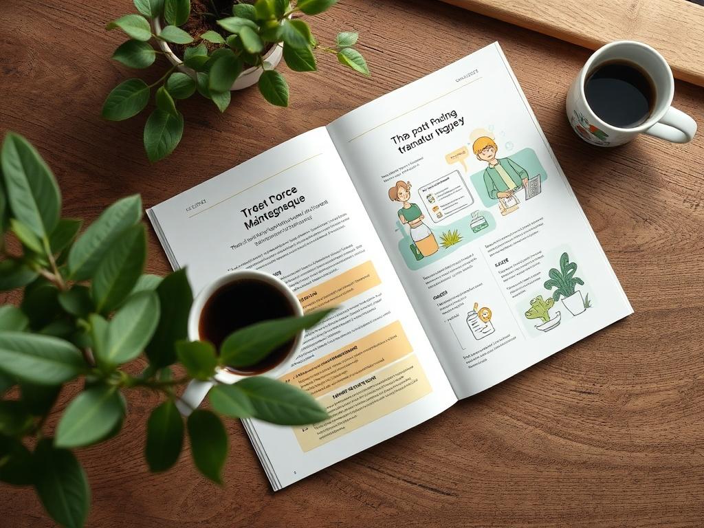 A realistic high-resolution photo of an open guidebook on a wooden desk, surrounded by a plant and a cup of coffee. The guidebook should display clear, engaging visuals and diagrams related to maintenance strategies, with a warm, inviting aesthetic that reflects a clean and green theme.
