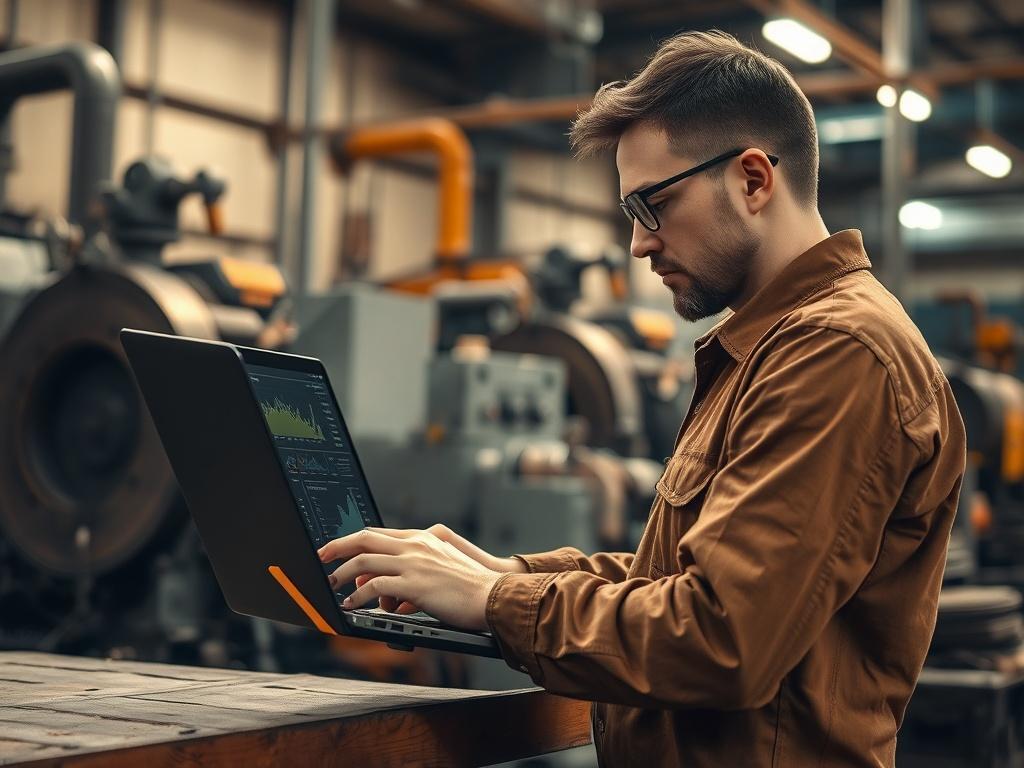 A realistic high-resolution photo of a technician analyzing data on a laptop in a modern industrial setting. The technician is focused on the screen, which displays graphs and analytics related to predictive maintenance. The background features an array of machinery, subtly highlighting the integration of technology in maintenance processes. The lighting is warm and inviting, showcasing earthy textures and natural tones to create a grounded atmosphere.