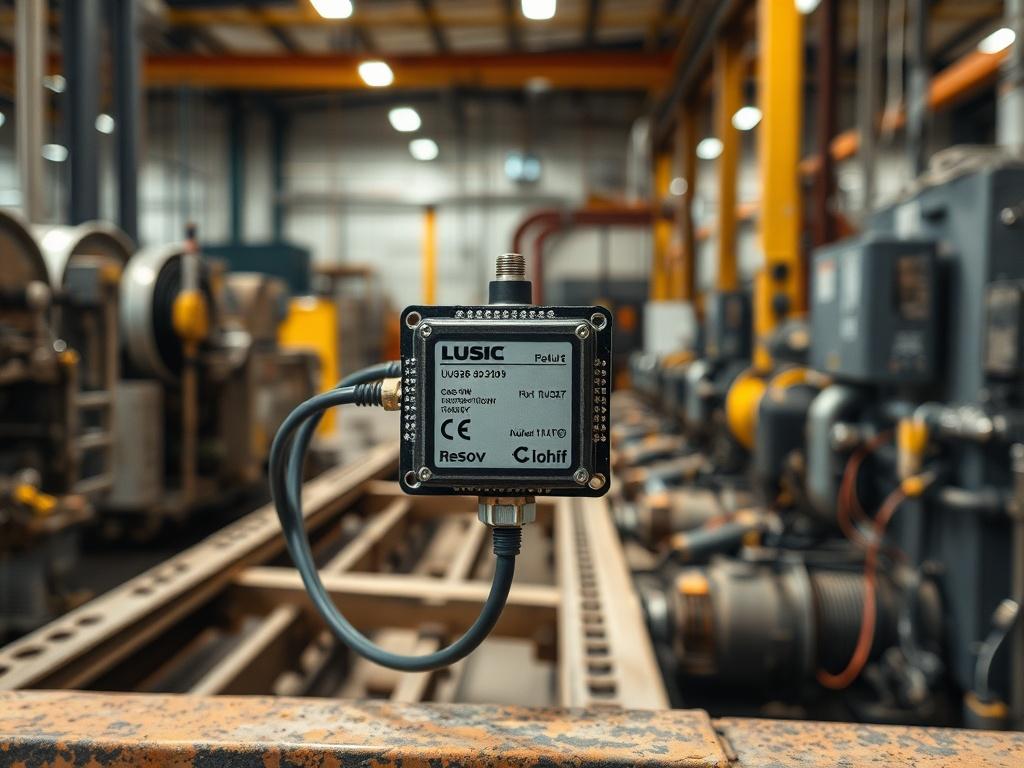 A rugged IoT sensor mounted on industrial machinery in a factory setting. The background showcases a blend of machinery and technology, emphasizing a working environment that is both advanced and resilient. The image should feature natural tones and earthy textures, highlighting the durability and reliability of the sensor. The lighting should be soft yet clear, creating a grounded and rustic aesthetic. Focus on the sensor as the central subject, capturing its details against the industrial backdrop.