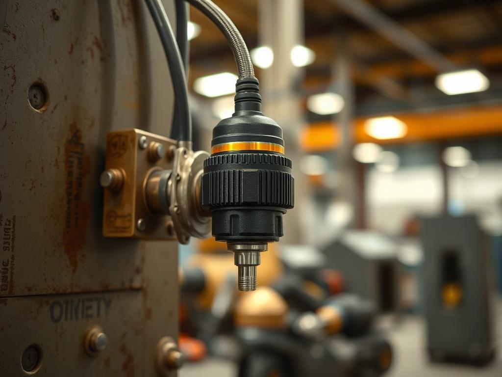 A clear and detailed high-resolution image of a vibration sensor mounted on an industrial machine. The sensor is highlighted, showing its connection to the equipment. The background features blurred machinery in a factory setting, with a warm color palette that conveys a sense of reliability and strength.