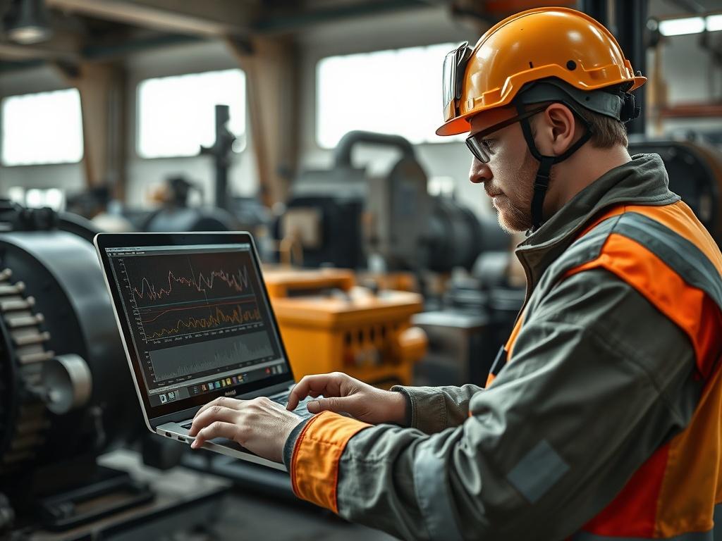 A realistic high-resolution photo of a technician analyzing data on a laptop in a modern industrial setting. The technician, dressed in safety gear, focuses on a screen displaying vibration analysis graphs. The background features machinery and equipment, with natural light coming through large windows, creating a grounded and earthy aesthetic.