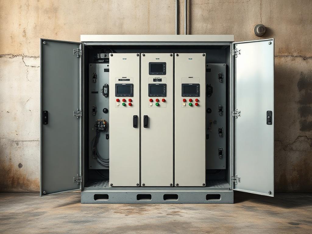 A realistic high-resolution photo of a switchgear cabinet, showcasing its intricate design and components. The cabinet should be the focal point, positioned against a neutral background that highlights its features. The image should incorporate natural tones and earthy textures, giving it a grounded and industrial aesthetic.