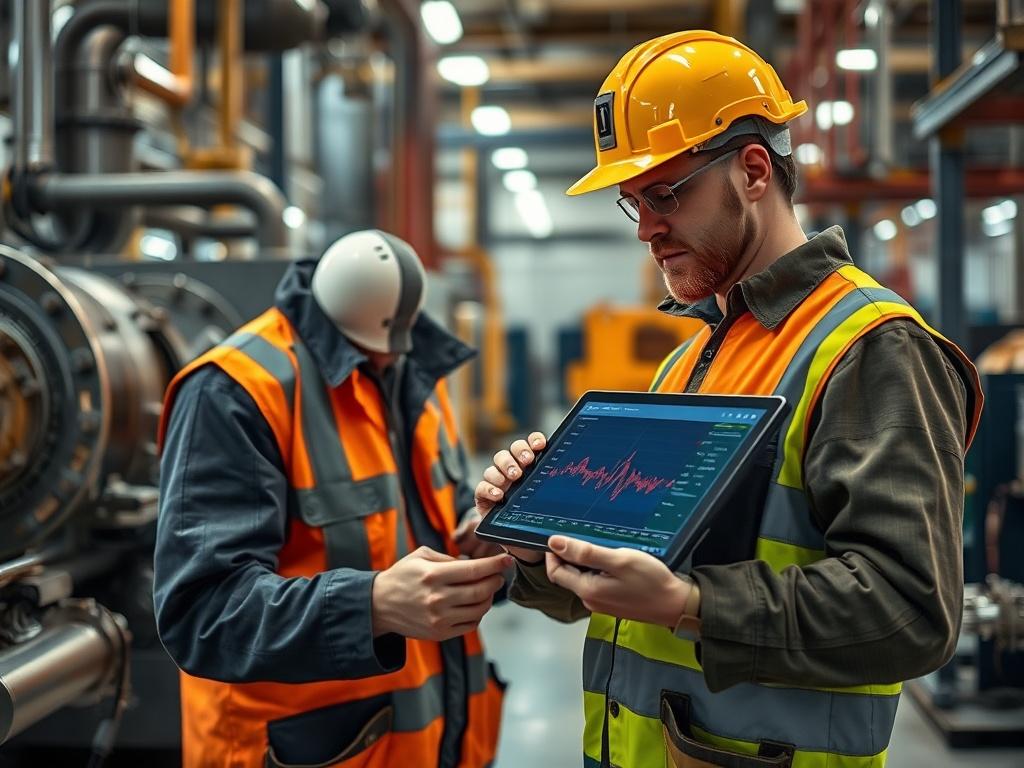 A realistic high-resolution photo of a technician analyzing vibration data on a tablet in an industrial setting. The technician, dressed in safety gear, is focused on the screen, demonstrating the use of advanced technology for predictive maintenance. The background features machinery and equipment in a clean, well-lit environment, showcasing a blend of technology and industry. The overall color palette incorporates earthy textures and natural tones, compatible with the rgb(4, 104, 120) primary color.