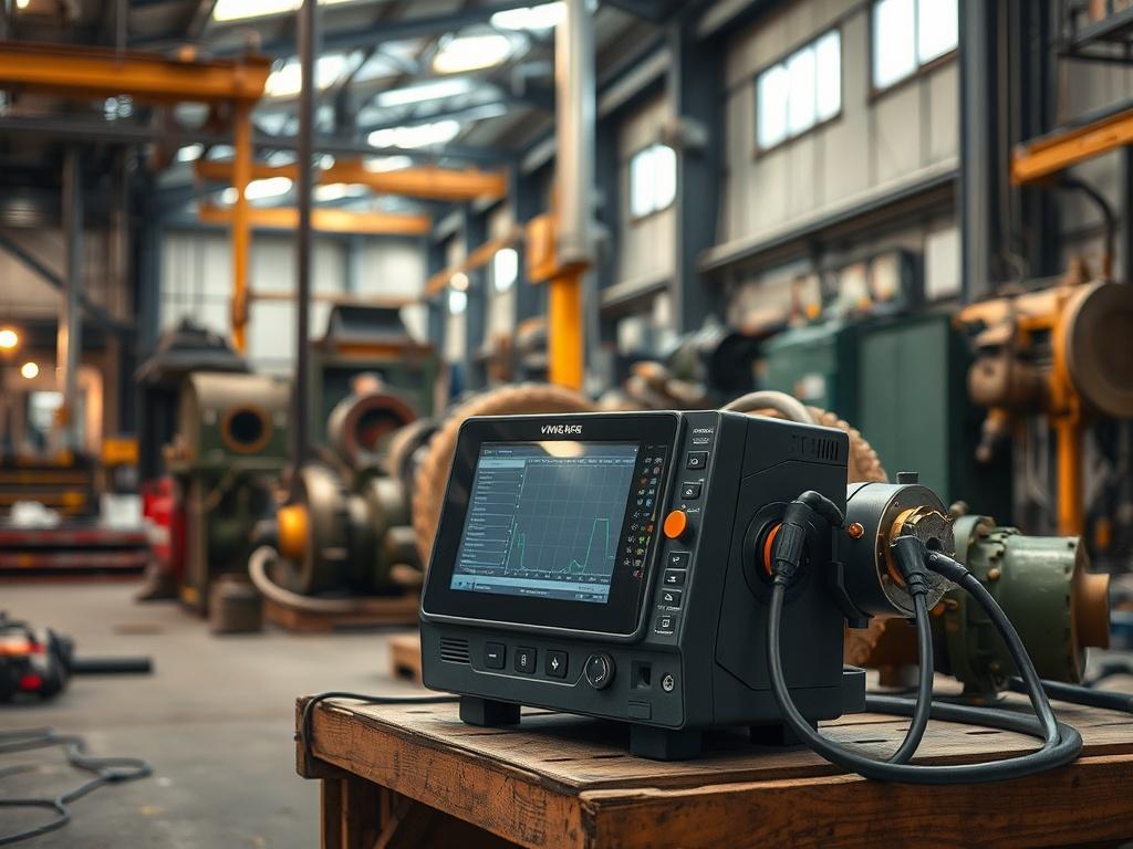 A high-resolution image of a modern industrial facility showcasing advanced monitoring equipment. The scene should be set in a well-lit, clean environment with earthy textures and natural tones, emphasizing the integration of technology in maintenance processes. The focus should be on a single piece of equipment, such as a vibration analysis device, placed against a backdrop of machinery and tools, illustrating the theme of innovation and efficiency.