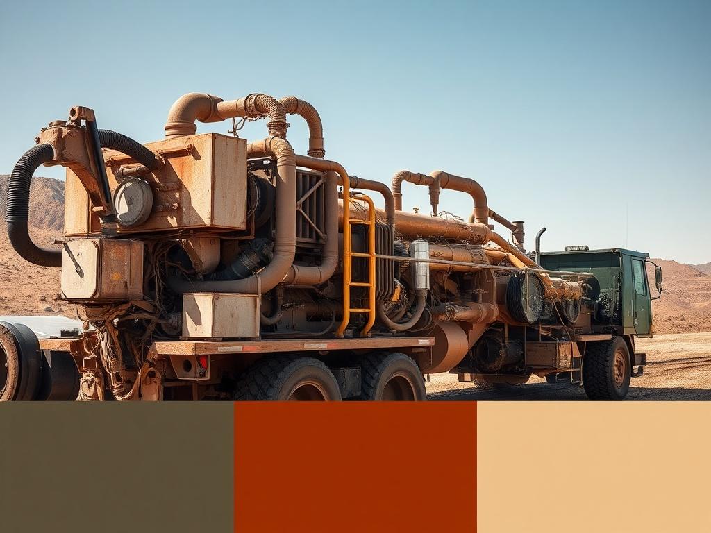 A realistic high-resolution photo of industrial equipment in a rugged environment. The image should feature a single frac fleet undergoing maintenance, showcasing the machinery's robust structure and intricate components. The background should include an oil field with a clear blue sky and earthy textures, emphasizing the harsh operating conditions typical in the oil and gas industry. The colors should harmonize with the primary color rgb(4, 104, 120), creating an earthy and grounded aesthetic.