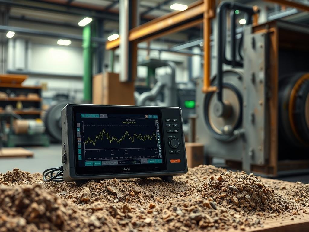 A realistic high-resolution photo of a modern industrial workspace featuring advanced monitoring equipment analyzing vibration signals. The composition should highlight a single, sleek device displaying data analytics on a screen, surrounded by earthy textures and natural tones. The background should be a clean, functional environment that reflects a commitment to innovation and efficiency, with subtle hints of green to evoke a sense of sustainability and forward-thinking.