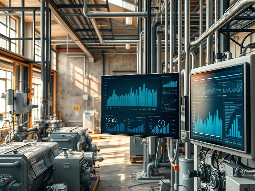 A high-resolution photo of an industrial facility with interconnected machinery and sensors, showcasing a digital dashboard displaying real-time data. The environment should have a clean and modern feel, with natural light illuminating the machinery. Earthy textures and tones should be present in the background.