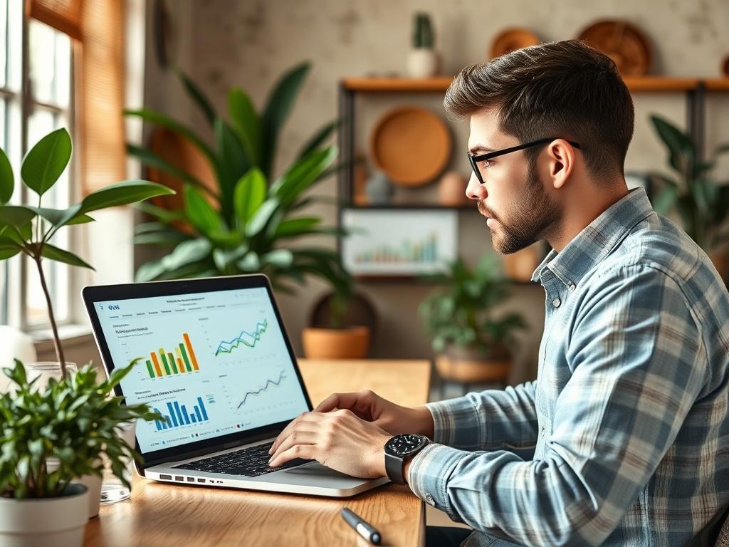 A high-resolution photo of a data analyst reviewing analytics on a laptop in a serene office environment. The laptop screen should display colorful data visualizations and graphs. The office should feature natural materials and plants, creating a calm and inviting atmosphere.