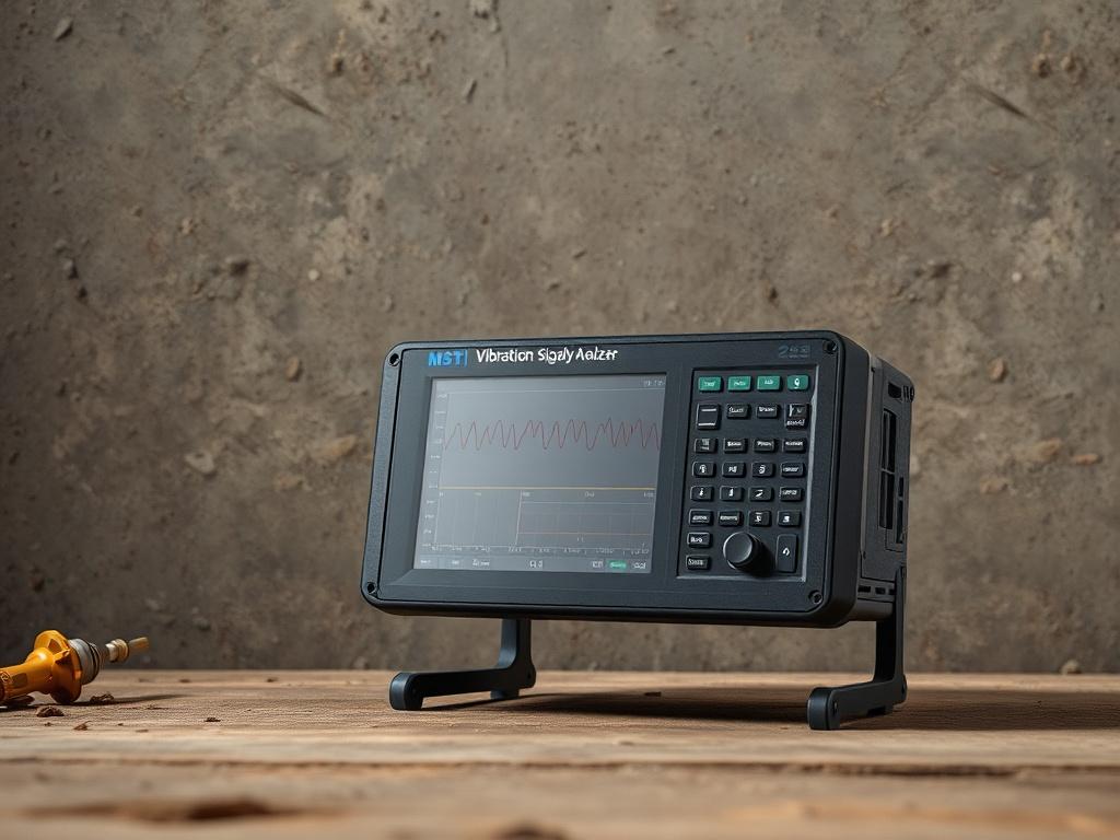 A high-resolution image of a Vibration Signal Analyzer, set against a rustic industrial backdrop. The device should be prominently displayed, showcasing its sleek, modern design. The background features muted tones and earthy textures, emphasizing the high-tech nature of the product while maintaining a grounded aesthetic. Ensure the lighting highlights the device's features and provides a clear view of its interface.