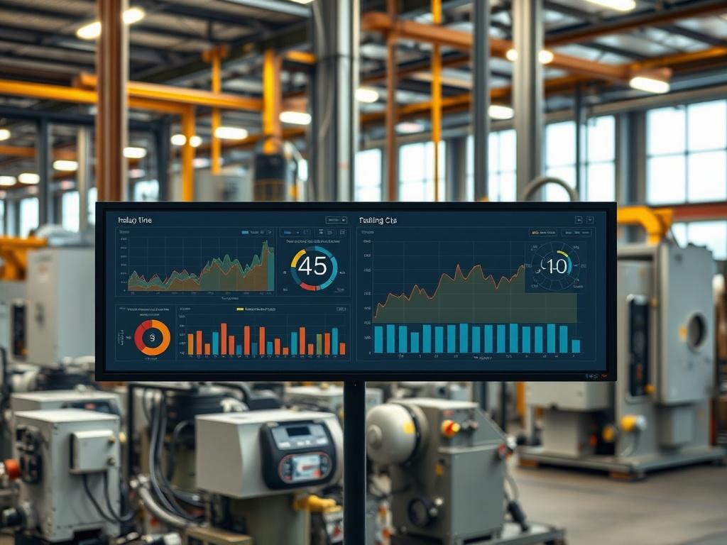 A realistic high-resolution photo of a digital dashboard displaying real-time data from interconnected industrial machines. The dashboard is set against a backdrop of a modern factory, with various equipment visible. The scene should illustrate the seamless integration of technology in monitoring and optimizing industrial operations, emphasizing clarity and accessibility of information.