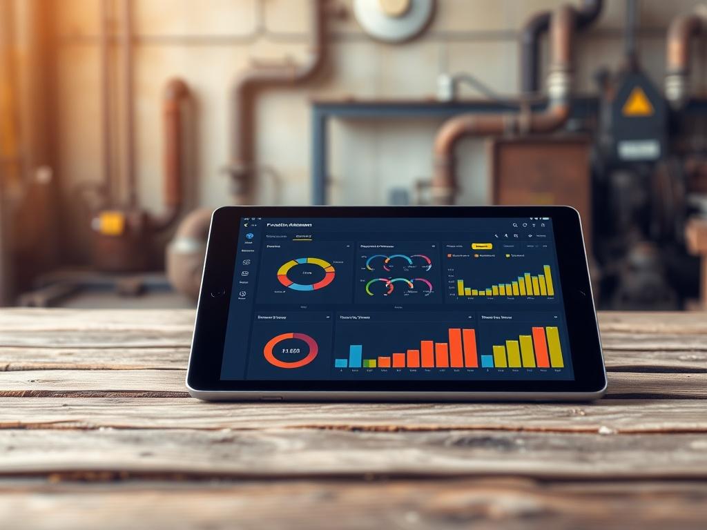 A high-resolution image of a Predictive Maintenance Dashboard displayed on a tablet. The tablet is set on a wooden table with an industrial backdrop, showcasing various graphs and charts. The design is modern and clean, with a focus on the dashboard's vibrant data visualization. The background should reflect a rustic aesthetic, with natural lighting enhancing the tablet's sleek look.