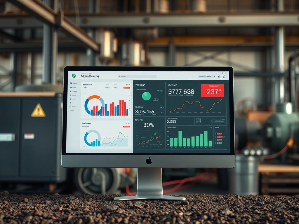 A high-resolution image of a computer screen displaying the dashboard of Cloud-Based Monitoring Software. The screen shows charts and graphs indicating machine performance metrics in a clean, modern design. The background should feature a subtle industrial setting, with muted colors and natural textures that align with a green aesthetic. Ensure the lighting highlights the screen's clarity and detail.