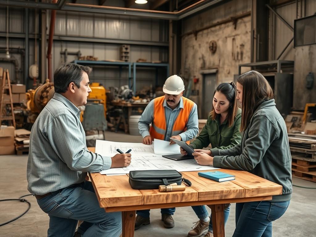 A realistic high-resolution photo of a maintenance planner discussing strategies with a team in an industrial setting. The team is gathered around a table with blueprints and digital tools, showcasing collaboration and strategic planning. The environment reflects a focus on tailored solutions and the importance of teamwork in achieving maintenance goals.