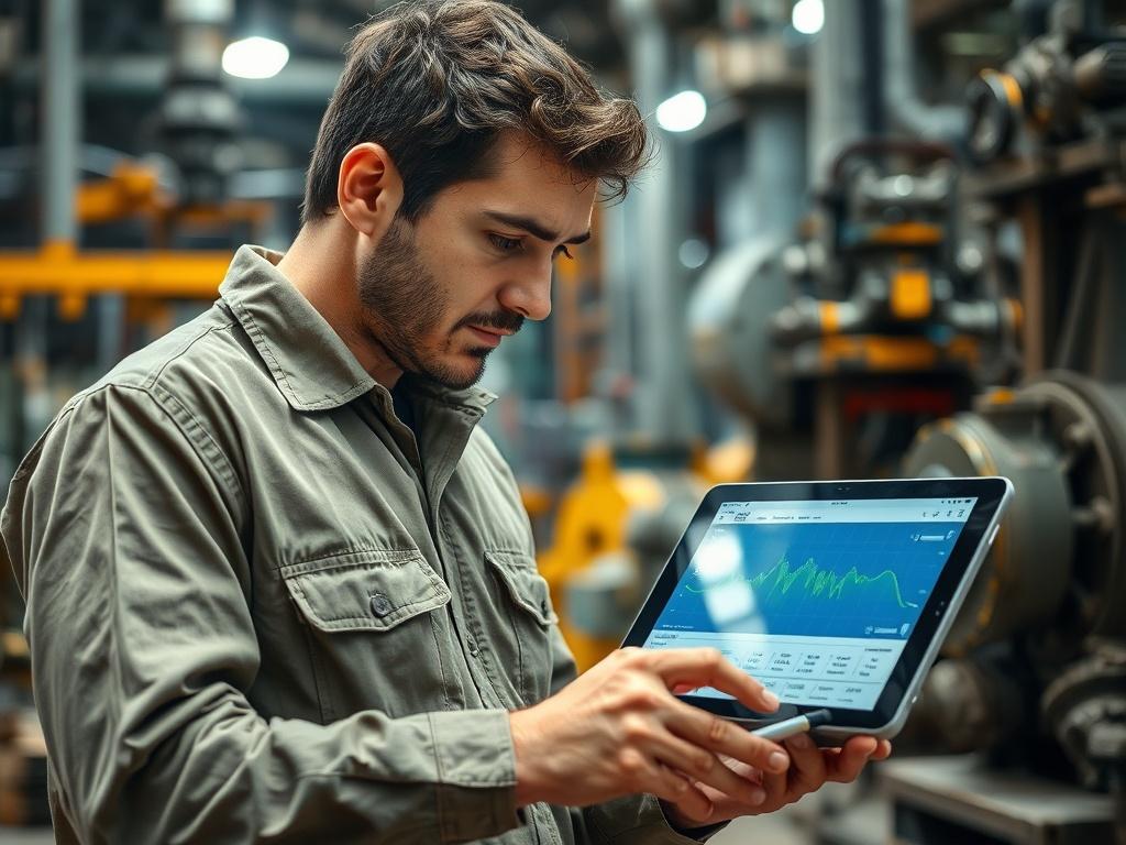 A close-up of a technician analyzing vibration data on a digital tablet in an industrial setting. The background features machinery and equipment that represent various industries like manufacturing and energy. The technician appears focused and engaged, showcasing a blend of modern technology and traditional industry elements. The image should capture earthy textures and natural tones to resonate with the clean and green aesthetic, with a clear, well-lit composition.