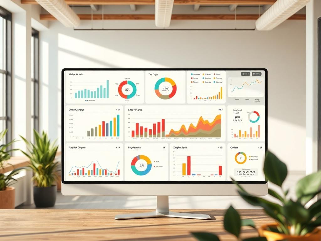 A realistic high-resolution photo of a modern, sleek dashboard displaying various data visualizations such as graphs, charts, and gauges. The dashboard should be set against a clean, minimalist office background with natural lighting. The focus should be on the vibrant colors of the data visualizations, showcasing a variety of metrics. The overall aesthetic should convey professionalism and clarity, with earthy textures subtly integrated into the design.