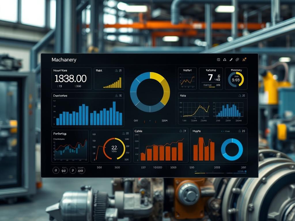 A realistic high-resolution image of a digital dashboard displaying various metrics and data related to machinery health. The background should be a modern industrial setting with machinery in operation, illustrating a high-tech maintenance environment.