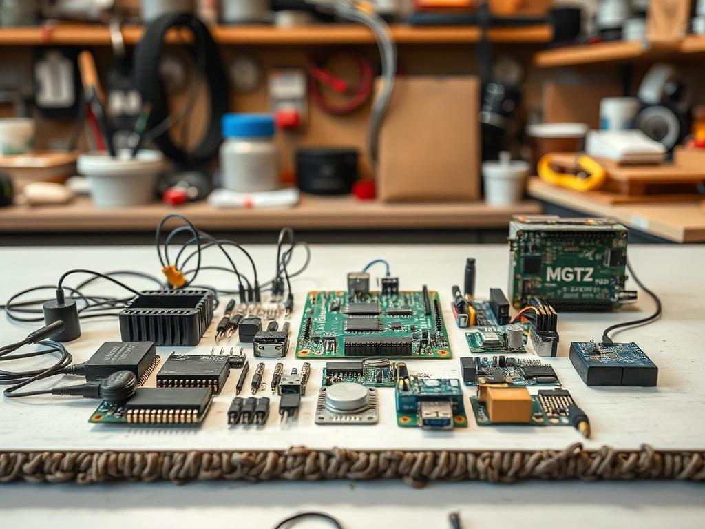 A high-resolution image of an IoT sensor kit, showcasing various sensors and components neatly arranged on a clean surface. The background should be a workshop or lab setting, highlighting a focus on technology and innovation.