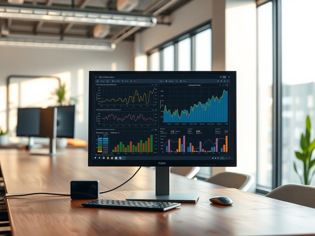 A high-resolution image of a computer screen displaying advanced vibration analysis software with graphs and data trends. The background should be a clean, modern office space with soft natural light, emphasizing a tech-savvy atmosphere.