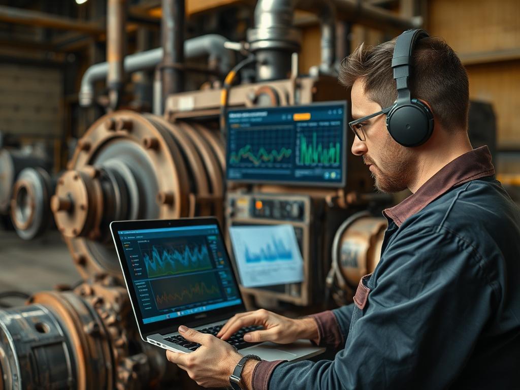 A realistic high-resolution photo of a technician analyzing machinery with digital interfaces showing vibration data and analytics. The technician is focused on a laptop, while the machinery is in the background. The environment should be industrial, featuring earthy textures and natural tones, with good lighting to emphasize the technology being used. The overall composition should be clean and straightforward, with a grounded, rustic aesthetic.
