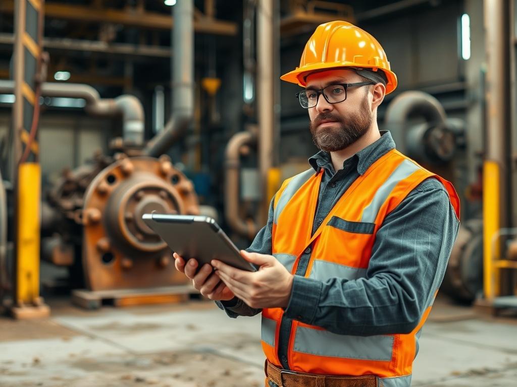 A high-resolution photo of a confident engineer analyzing vibration data on a digital tablet in an industrial setting. The engineer is wearing safety gear and is surrounded by machinery. The background features earthy textures and natural tones, creating a grounded, rustic aesthetic. The focus is on the engineer and the tablet, showcasing the integration of technology and industry.
