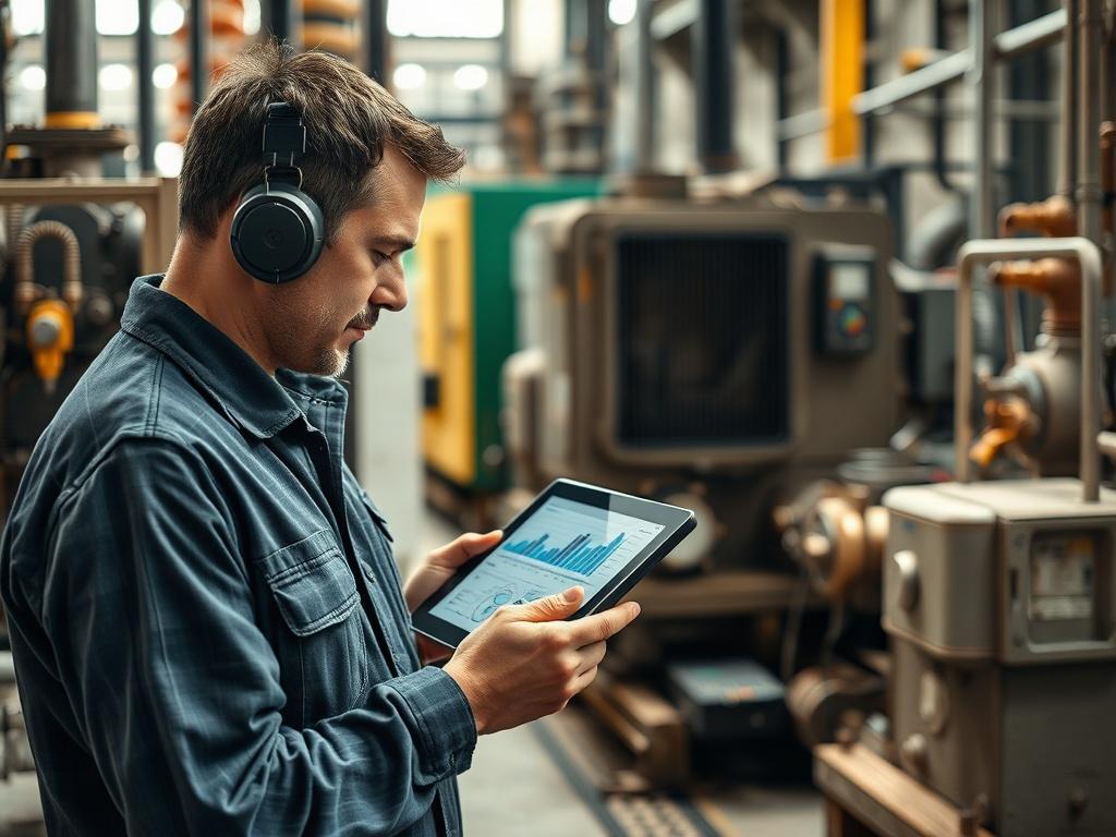 A high-resolution image of an industrial technician monitoring equipment on a digital tablet, surrounded by machinery in a factory setting. The technician appears focused and engaged, with graphs and data visualizations displayed on the tablet screen. The background includes various industrial machines, all rendered in natural tones and earthy textures, creating a grounded and rustic aesthetic. The overall composition should emphasize the connection between technology and industrial maintenance.
