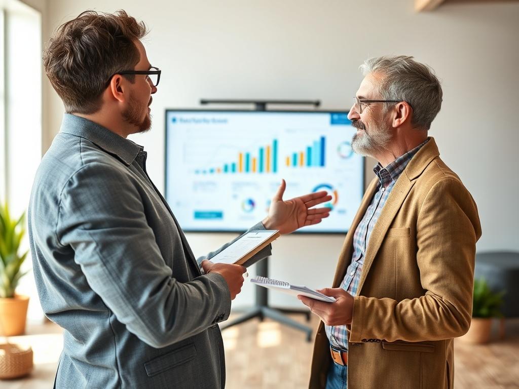 A high-resolution image of a business consultant engaged in a discussion with a client in a bright, modern office setting. The consultant is pointing at a digital presentation on a screen while the client takes notes, conveying an atmosphere of collaboration and expertise. The background features a clean, professional workspace with earthy textures and natural tones. The composition should focus on the interaction between the consultant and the client, emphasizing the importance of expert guidance in decisi
