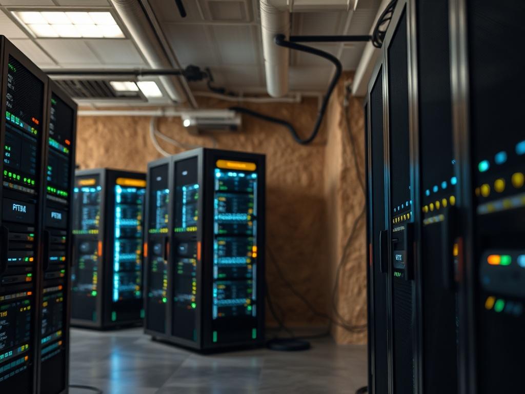 A realistic high-resolution image of a secure server room with advanced cybersecurity technology in focus. The server room should have modern servers with blinking lights, showcasing a robust data security environment. The background should feature a clean, organized layout with earthy textures and tones, emphasizing a grounded and secure atmosphere. The lighting should be soft and natural, enhancing the rustic aesthetic while highlighting the importance of data security.