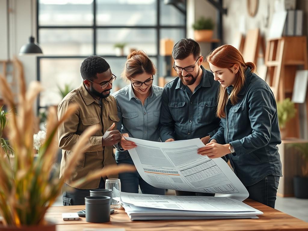 A high-resolution photo of a diverse team of engineers collaborating over maintenance strategy plans in a modern office space. The environment features earthy textures and natural elements, portraying teamwork and customization in solutions.