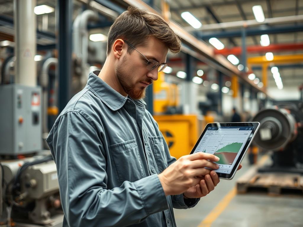 A high-resolution photo of a technician analyzing vibration data on a tablet in a modern industrial setting. The background features machinery and equipment in operation, showcasing a clean and efficient environment. Natural tones and earthy textures enhance the grounded aesthetic.