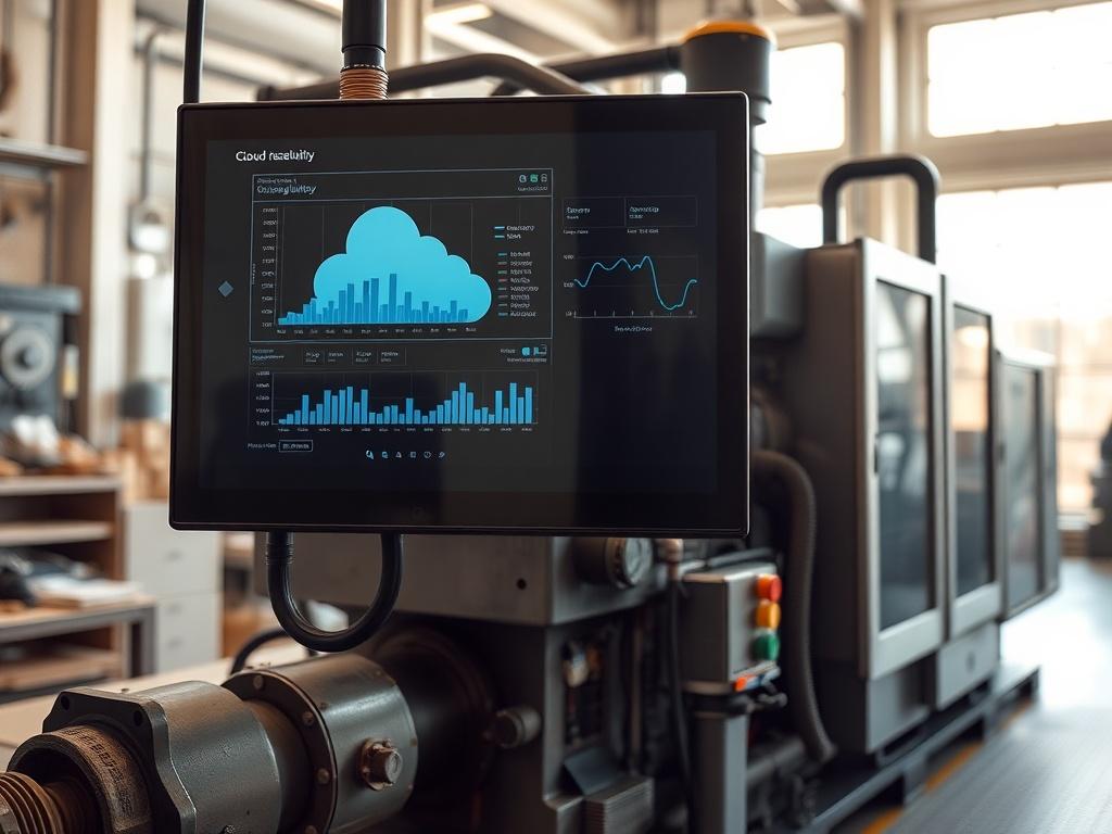 A high-resolution photo of a cloud-connected industrial machine displaying real-time data analytics on a screen. The background features a bright, clean workspace with natural light, emphasizing the advanced technology and integration of IIoT.