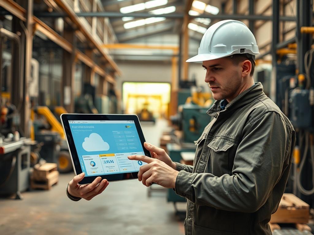 A high-resolution image of a cloud computing interface displayed on a tablet, with a technician reviewing the data in a factory setting. The background should show machinery and tools, with natural light illuminating the scene, creating a sense of modernity and efficiency.