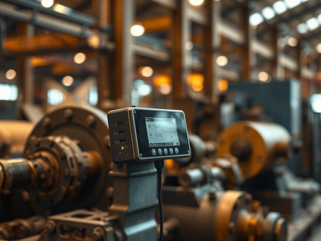 A high-resolution image of an industrial IoT device monitoring vibrations on machinery. The device should be placed prominently in the foreground with a blurred background of a factory setting. The lighting should be natural, highlighting the earthy textures of the machinery while maintaining a grounded aesthetic.