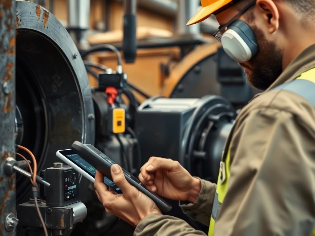 A close-up of a technician analyzing machinery using a tablet, with visible vibration sensor equipment attached to the machine. The background showcases an industrial setting with earthy textures and natural tones, emphasizing a clean and green approach to maintenance.