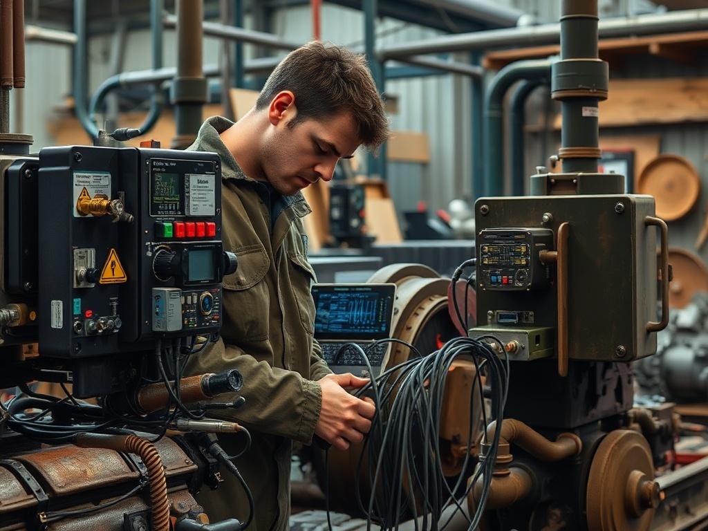 A technician setting up IIoT devices on industrial machinery, with a focus on the devices and cables in use. The background should include various industrial elements, showcasing a blend of technology and natural materials in a warm, inviting setting.