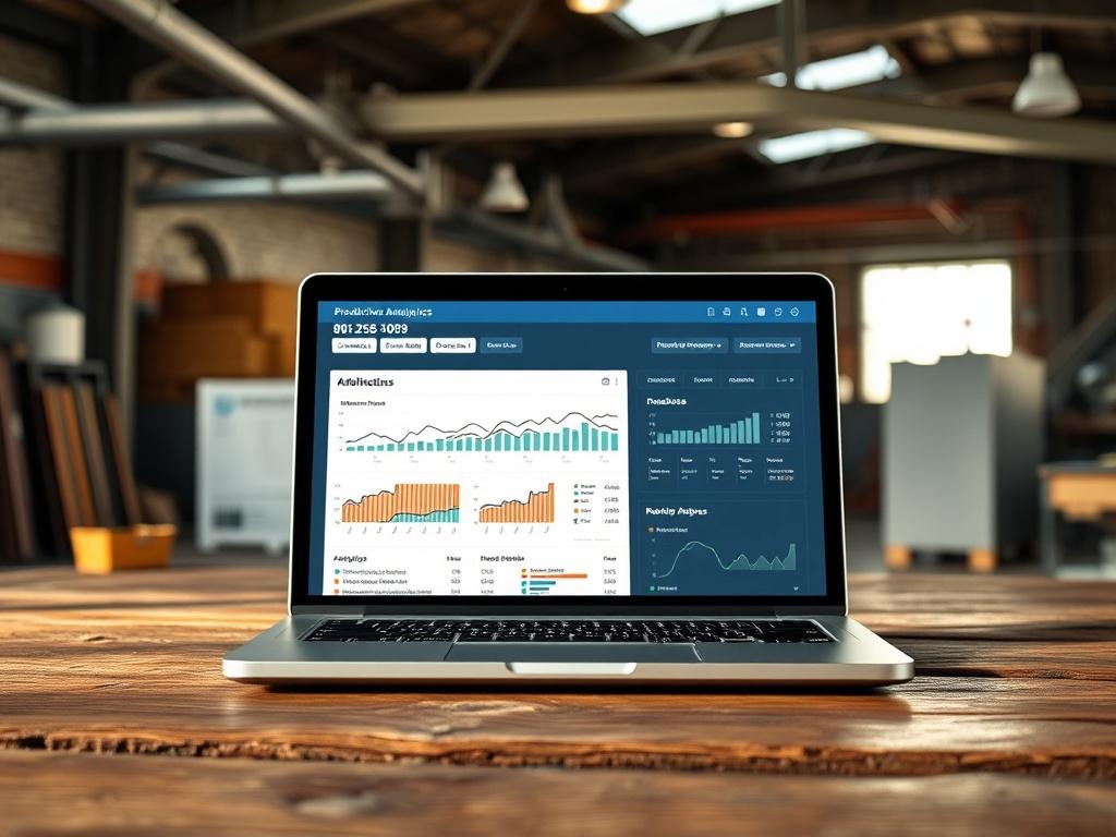A screenshot of a user-friendly dashboard displaying predictive maintenance analytics on a laptop placed on a rustic wooden table. The background features an industrial workspace with natural light, highlighting the blend of technology and nature.