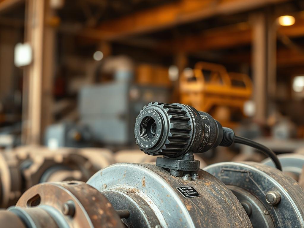 A high-resolution image showcasing a modern vibration sensor placed on industrial machinery. The sensor should be the focal point, capturing intricate details and textures. The background should feature a blurred factory setting with earthy tones, conveying a sense of technology integrated into an industrial environment. The lighting should be natural and warm, enhancing the realistic feel of the scene.