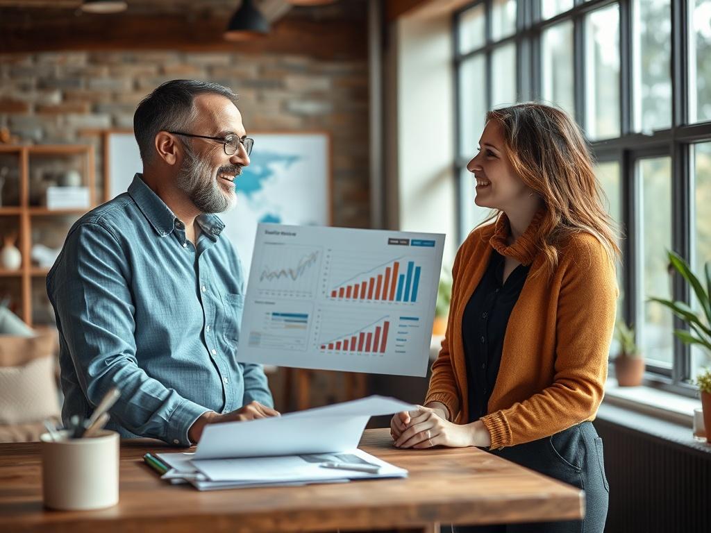A high-resolution image of a friendly consultant engaging with a client in a modern office setting, discussing maintenance strategies with charts and graphs on display. The environment should convey professionalism and warmth, with natural light and earthy tones.