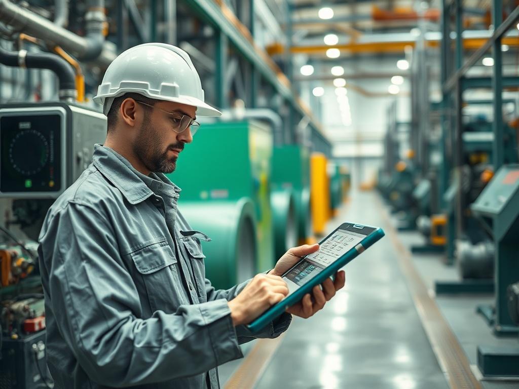 A high-resolution image of a modern industrial facility with advanced monitoring equipment, showcasing a technician analyzing maintenance data on a tablet with a backdrop of machinery. The image should reflect a clean and green aesthetic with natural tones and earthy textures.