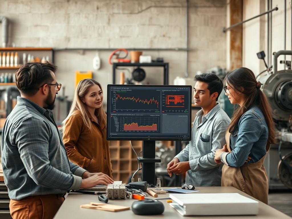 An image showcasing a diverse team of engineers collaborating around a digital display showing vibration analysis data, with tools and machinery in the background. The setting should have natural lighting and earthy textures, emphasizing a clean and modern workspace.
