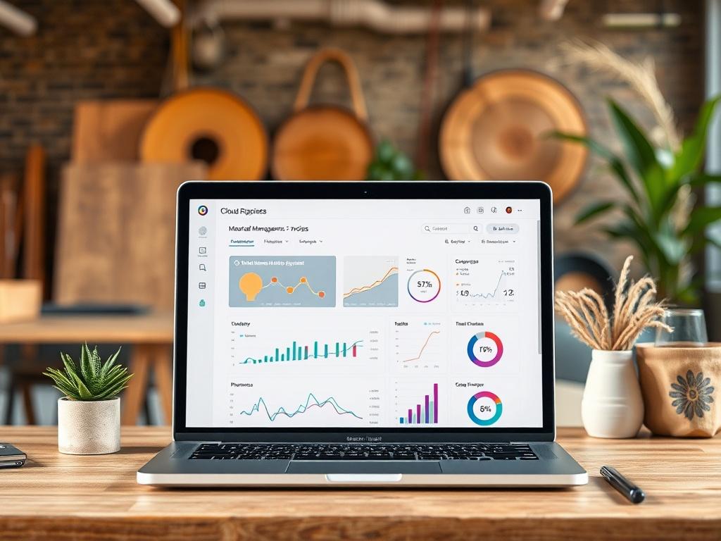 A high-resolution image of a laptop displaying a cloud-based maintenance management dashboard. The screen should show vibrant graphs and analytics in a modern workspace setting. The background should include natural elements and textures that convey a sense of innovation and efficiency.