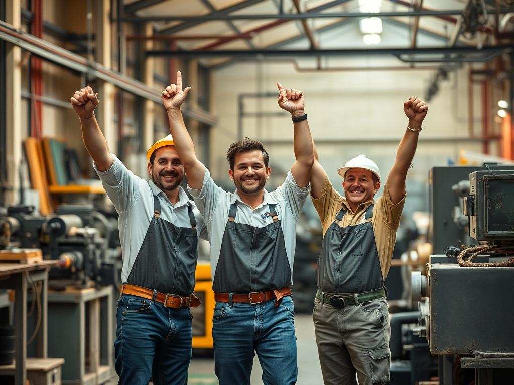 A realistic high-resolution photo of factory workers celebrating success in a workshop, with machinery running smoothly in the background, symbolizing efficiency and cost-effectiveness. The image should reflect a positive work environment with natural colors and textures.