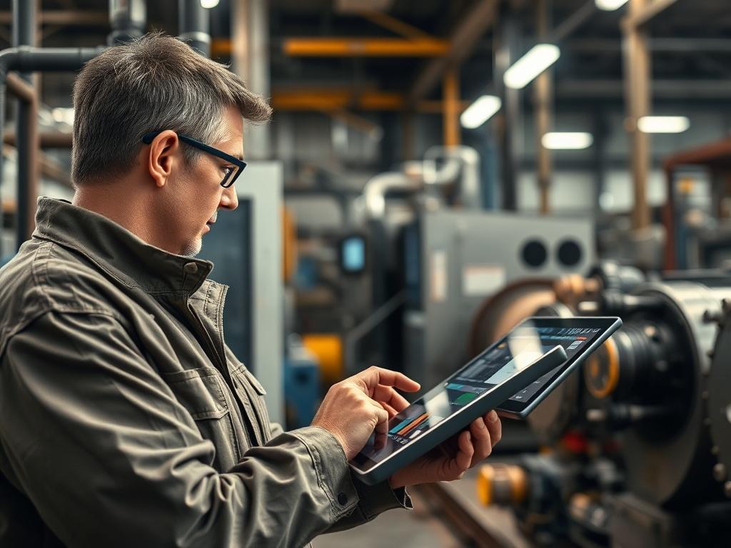 A realistic high-resolution photo of a technician analyzing data on a tablet while observing machinery in a well-lit industrial setting, showcasing advanced technology and maintenance processes. The background should feature machinery and digital displays, with natural tones and earthy textures.