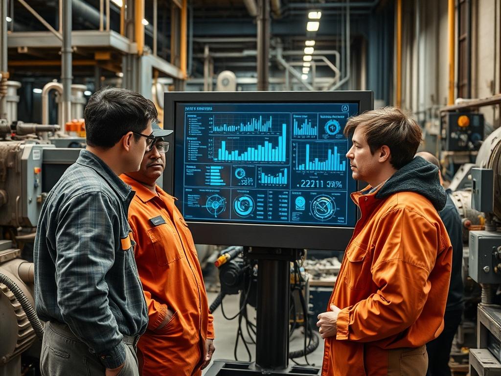A realistic high-resolution photo showcasing a diverse team of engineers collaborating over a digital dashboard filled with data analytics, surrounded by machinery in an industrial environment. The scene should convey teamwork, innovation, and technology.