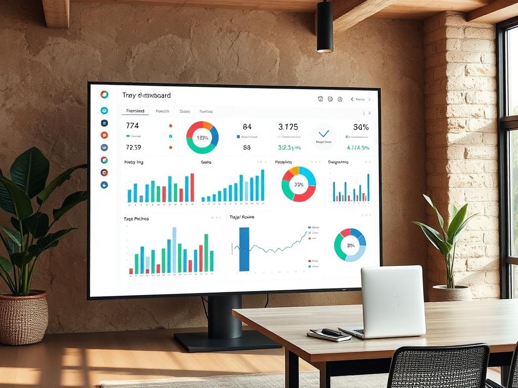 A high-resolution image of a sleek, modern dashboard displaying various data visualization elements such as graphs, charts, and gauges. The dashboard should be shown on a large screen in a well-lit office environment, with earthy textures and natural tones in the background to create a grounded aesthetic. The focus should be on the dashboard itself, highlighting its clarity and user-friendly design.