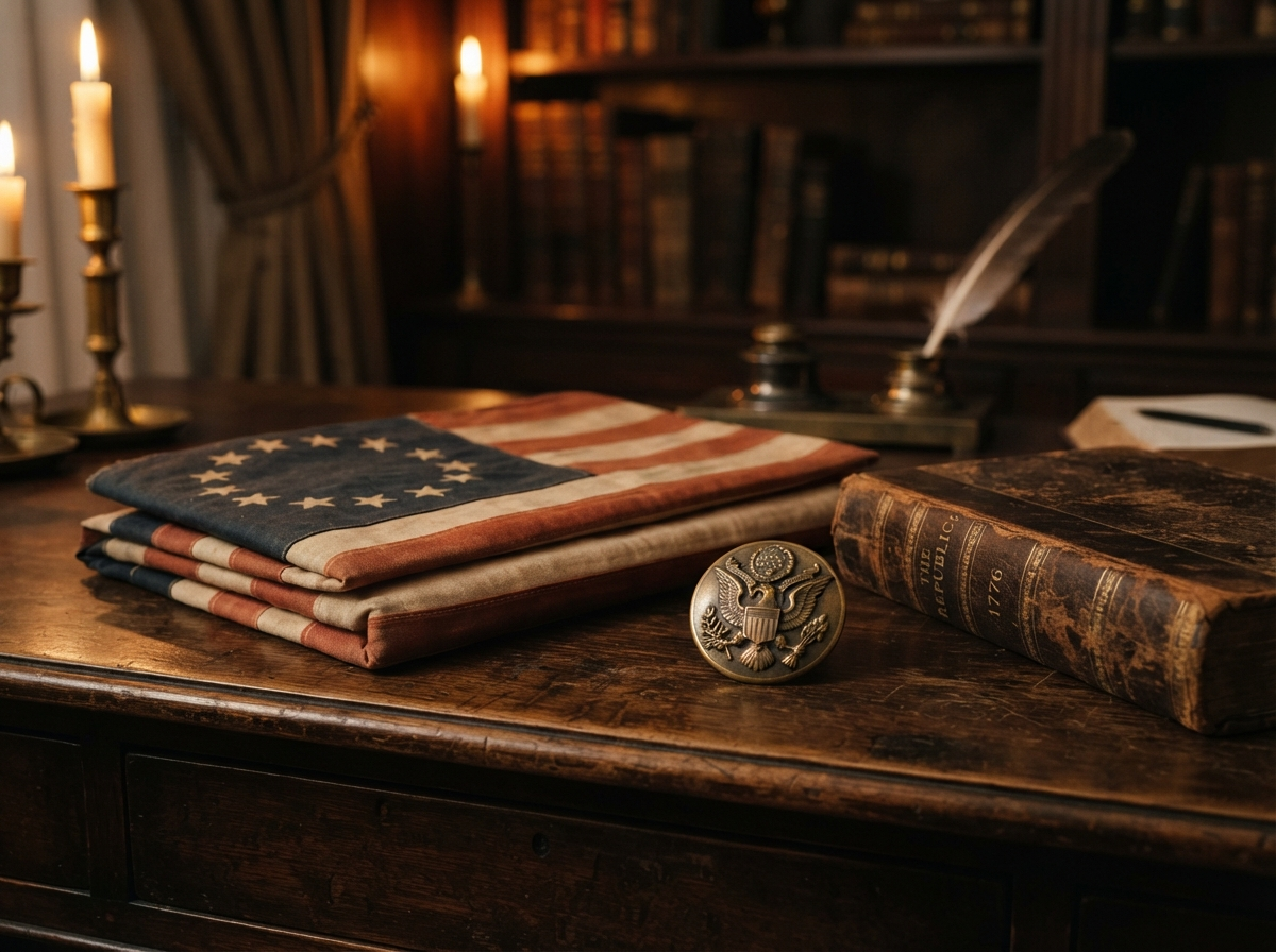 Antique American flag and brass eagle insignia honoring the Sons of the American Revolution heritage