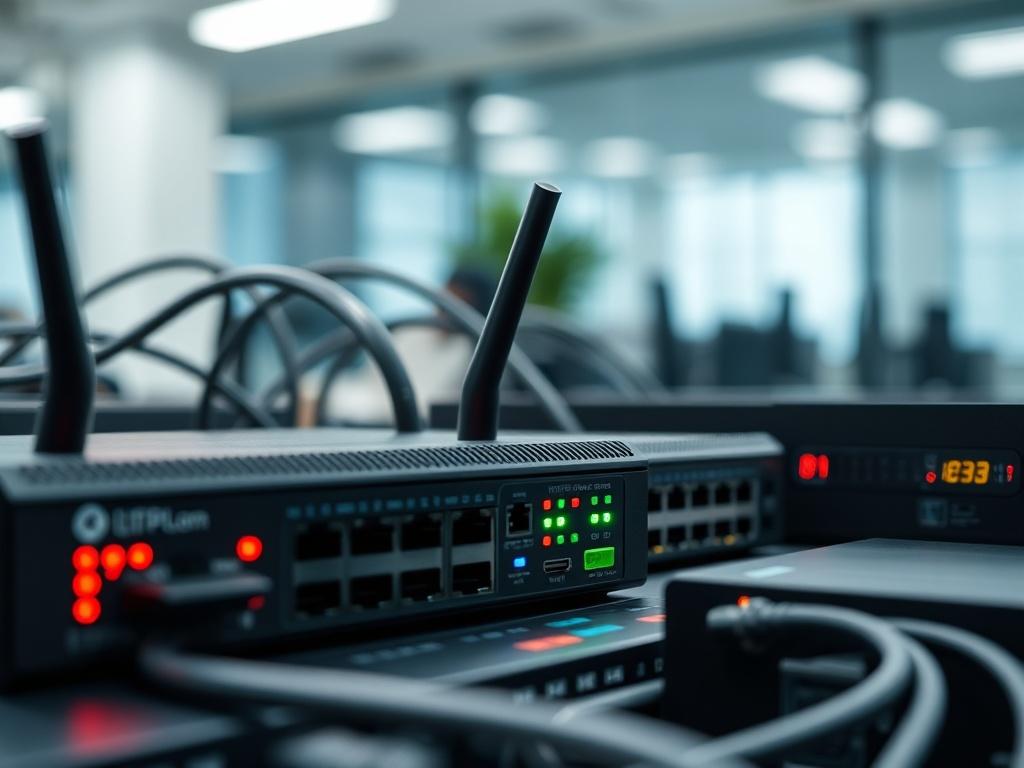 A close up shot of a modern network infrastructure setup,