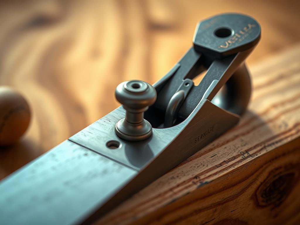 A hyper-realistic close-up shot of a high-quality woodworking tool, such as a chisel or plane, focusing on the intricate details and craftsmanship. The background should be softly blurred to emphasize the tool, with natural wood textures subtly visible. The lighting should be warm and inviting, highlighting the tool's features and creating an aesthetically pleasing composition.