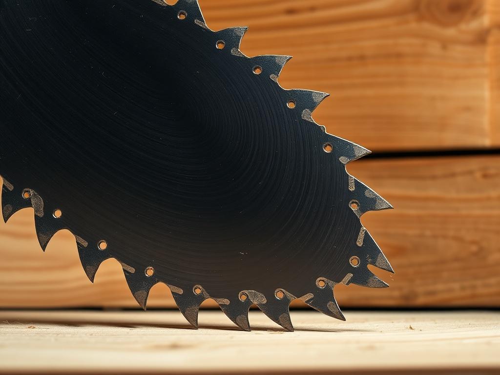 A hyper-realistic close-up image of an industrial saw blade with carbide-tipped teeth, positioned against a backdrop of wooden planks. The blade should be shiny and well-maintained, capturing the intricate details of its teeth. Soft, warm lighting should highlight the blade's features while the background remains subtly blurred.