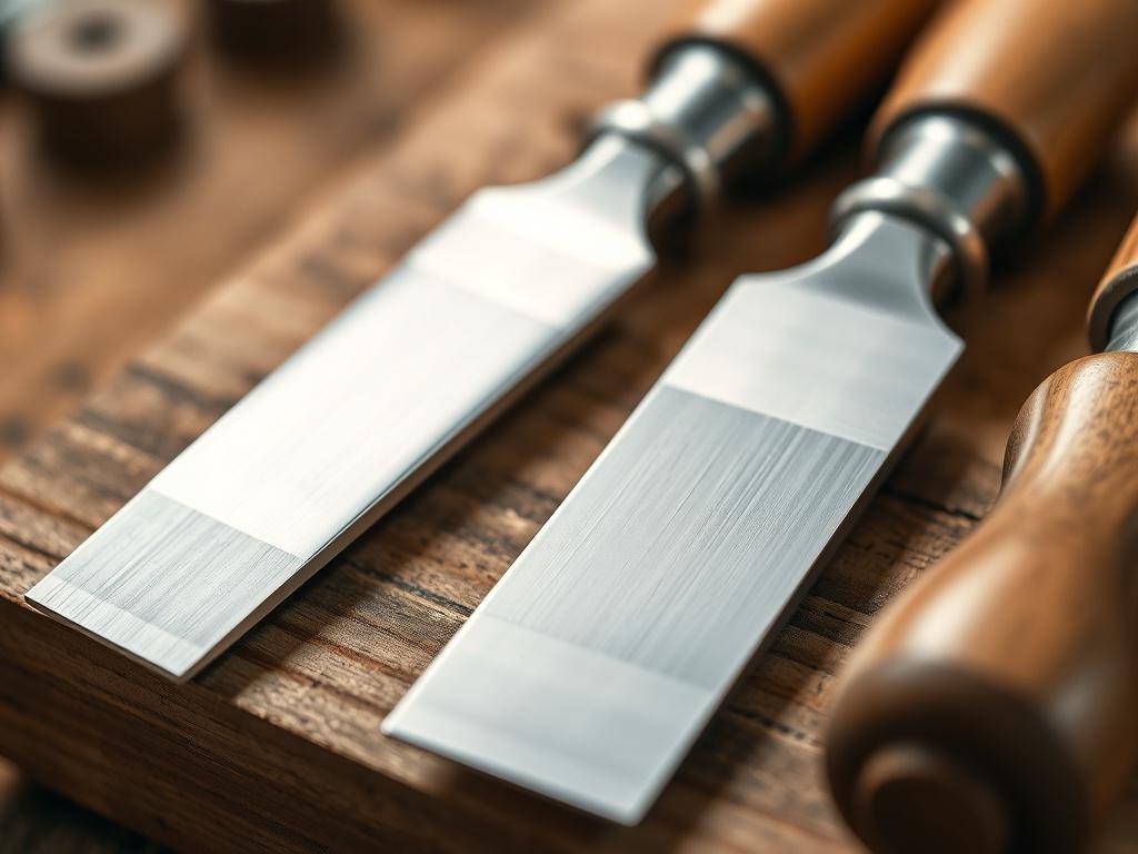 A close-up shot of a set of precision chisels arranged neatly on a wooden workbench. The chisels should have high-carbon steel blades with shiny edges, and ergonomic handles made of polished wood. The background should be softly blurred, emphasizing the chisels, with warm lighting showcasing their craftsmanship.