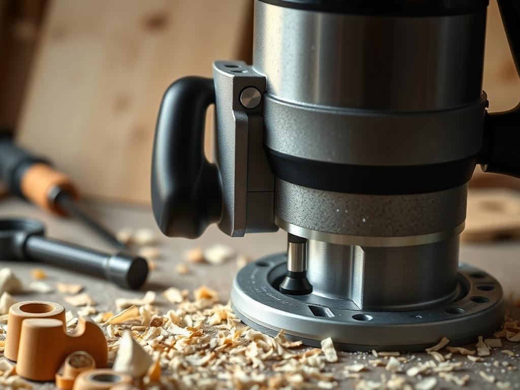 A hyper-realistic close-up of a high-performance router with a sleek design, set against a backdrop of wood shavings and tools. The router should be shown in action, with a bit engaged, capturing the moment of precision work. Natural lighting should illuminate the scene, highlighting the tool's features.